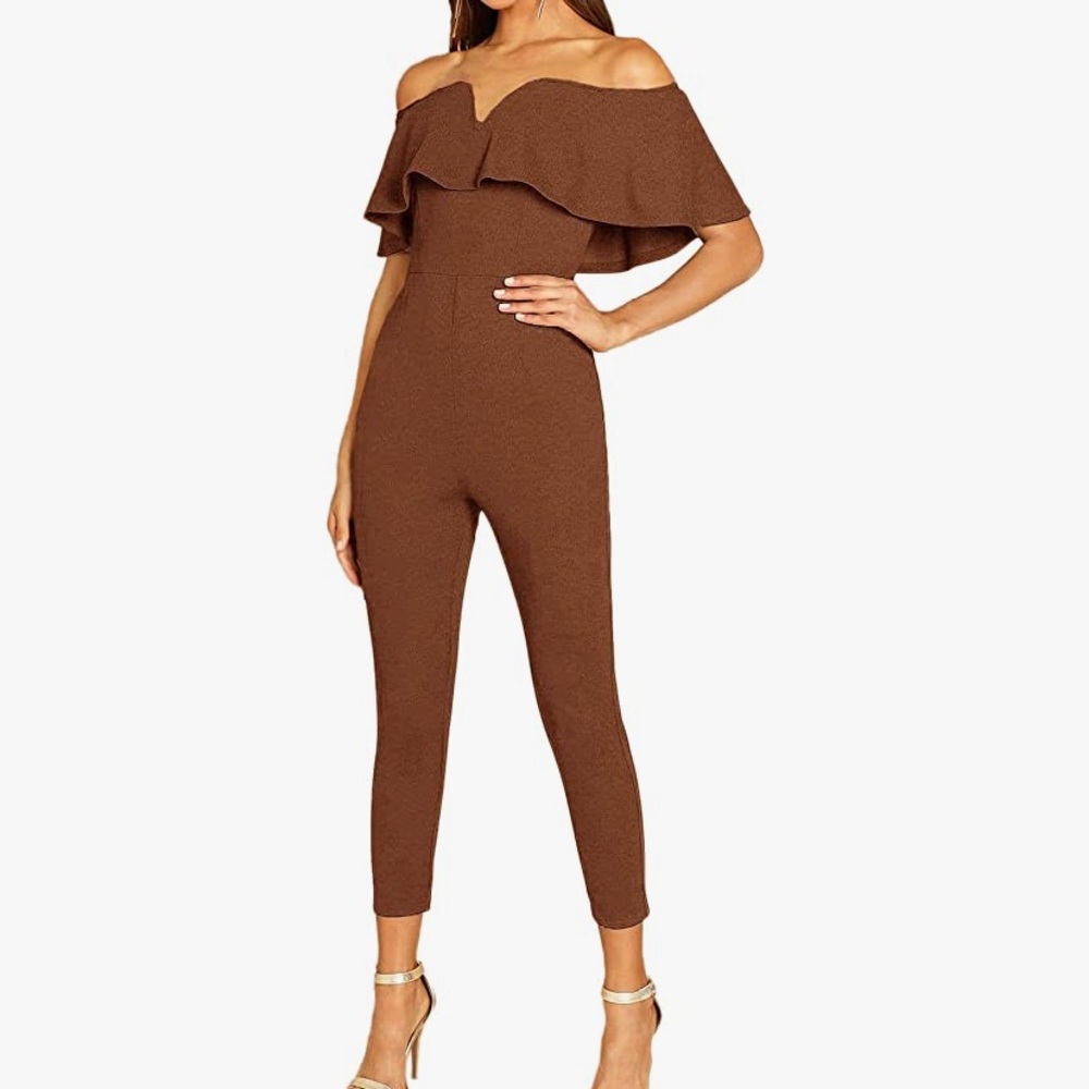 Worn ONCE! Comfortable, stretchy material, off shoulder brown jumpsuit